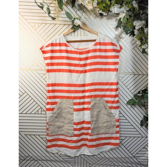 TRENERY Women's Shift Dress Striped Linen Pockets Short Sleeve Size 14 - Picture 1 of 8